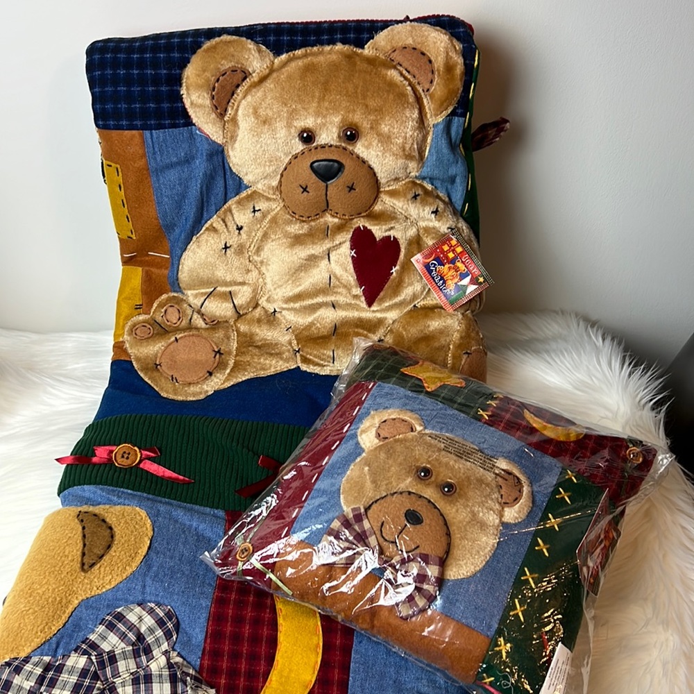 Brand new Patchwork Teddy Bear Quilt and Pillow for Baby Toddler or Child’s Room